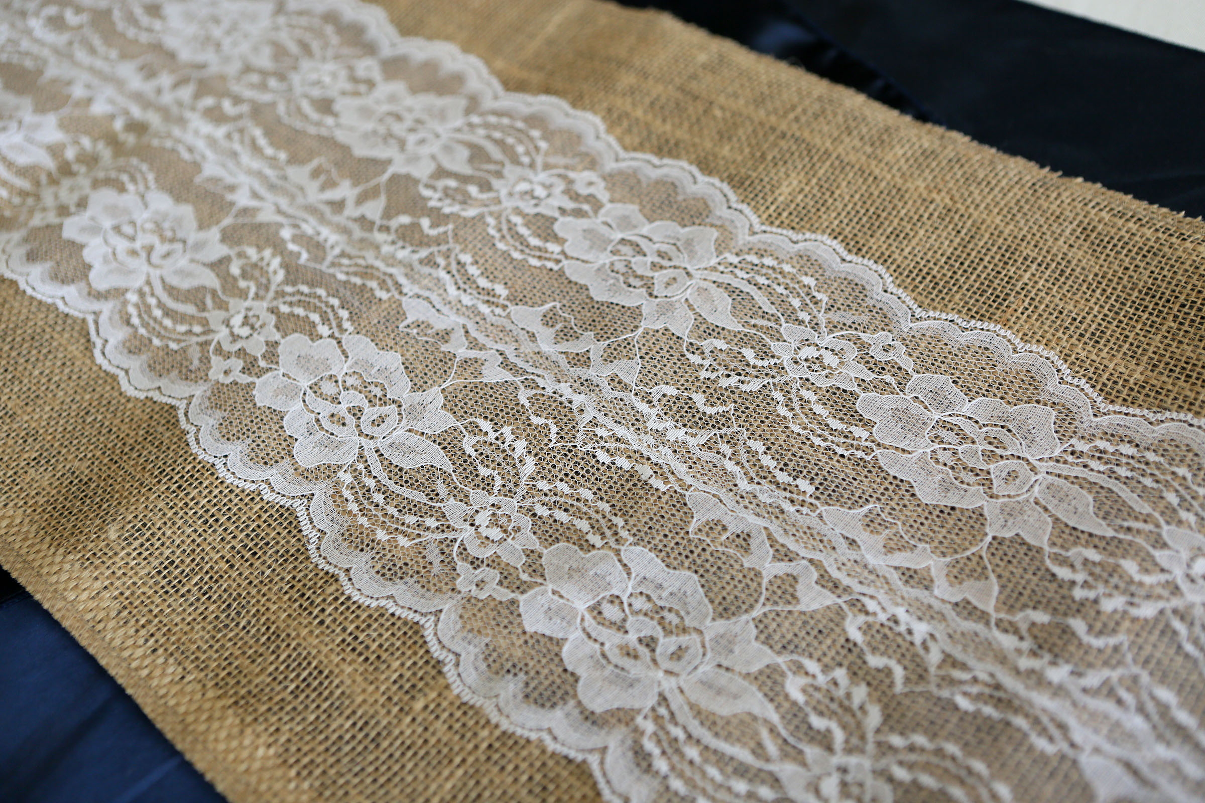 Burlap and Lace Table Runner - White (12" wide)
